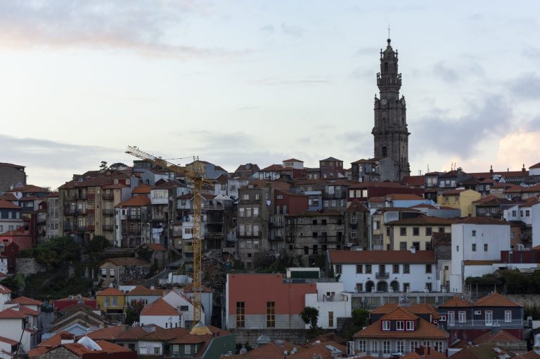 Viewpoint to Clerigos tower. Old houses, city of Porto